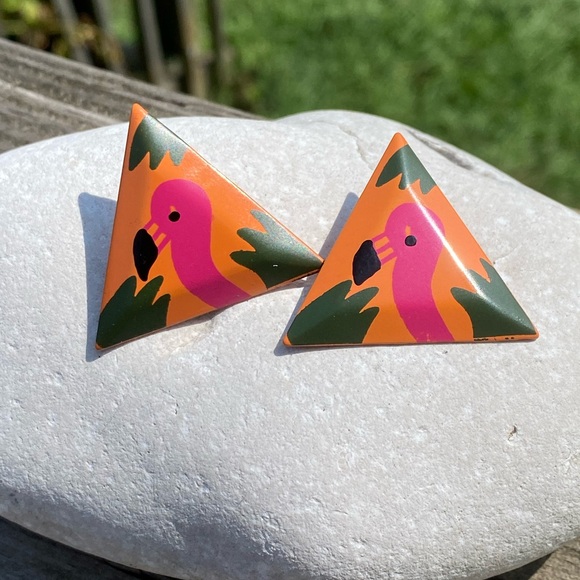 Vintage 80’s Big orange triangle Flamingo earrings - Picture 5 of 6